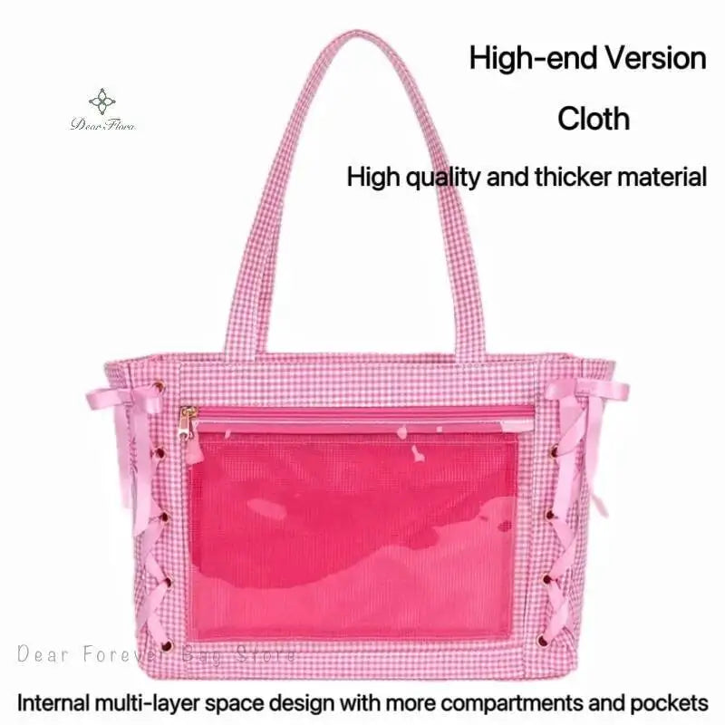 Japanese Sweet Women Ribbon Ita Bag Cute Lolita Girl Transparent Handbags Large Capacity Tote
