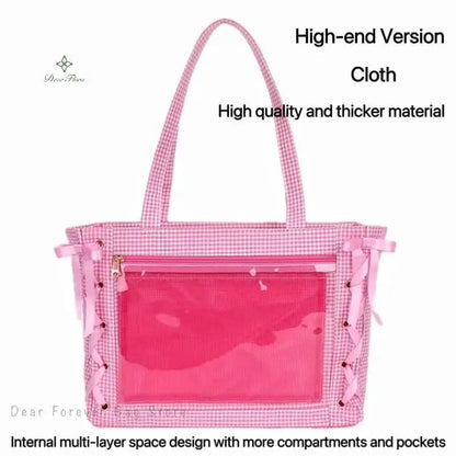 Japanese Sweet Women Ribbon Ita Bag Cute Lolita Girl Transparent Handbags Large Capacity Tote