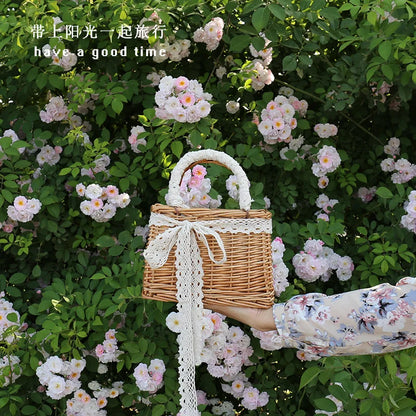Handwoven Rattan Women Tote Bag Lace Ribbon Mini Wicker Basket Handbag Summer Beach