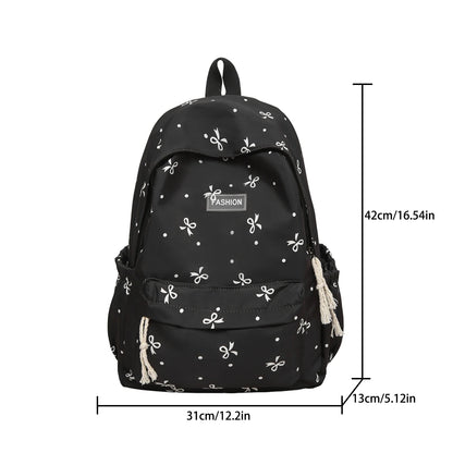 Women S Backpack - Bow Dot Print Nylon School Bag Adjustable Straps Multiple Compartments College