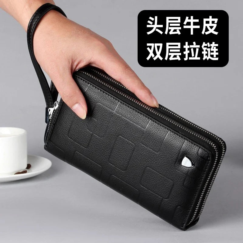 Top Layer Leather Men S Double Zipper Wallet Mobile Phone Storage Multi-Function Large Capacity Hand
