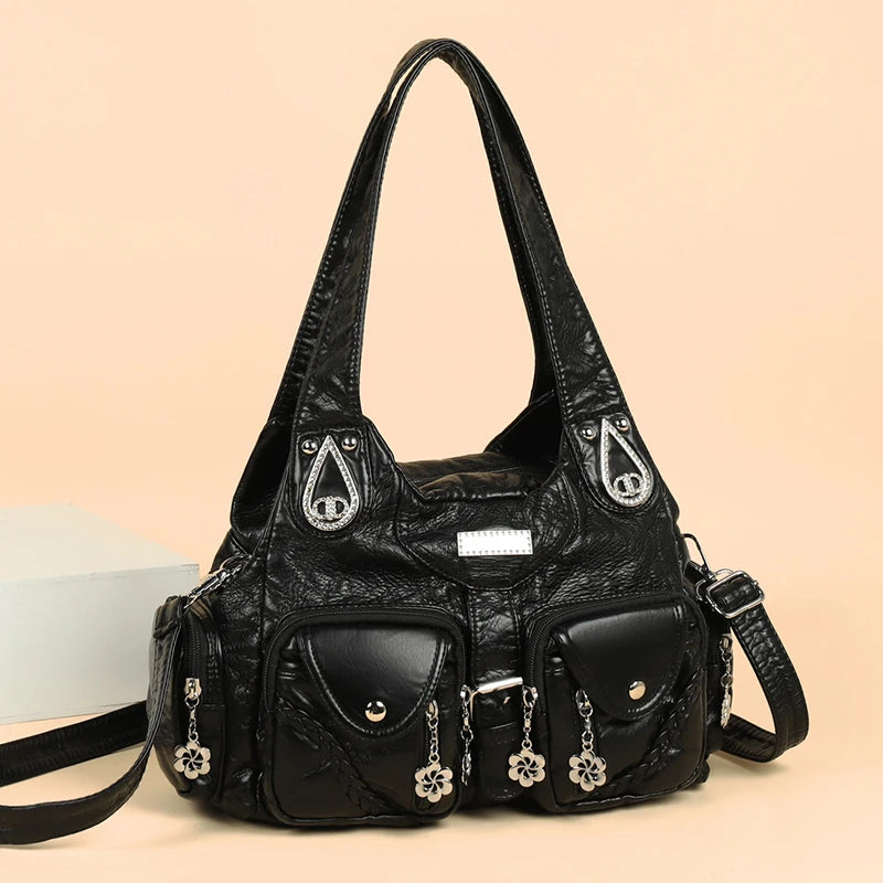 Retro Boho Women Shoulder Bag Solid Woven Rhinestone Crossbody Multi Pocket Large Capacity