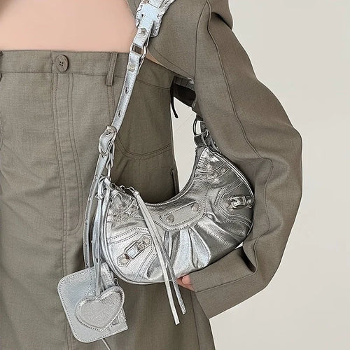 Motorcycle Bag Underarm Rivet Tassel Three-In-One Crescent Folded Cowhide Single Shoulder Slant