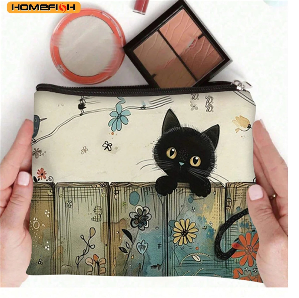 1 Homefish Vibrant Black Cat Floral Zipper Cosmetic Bag