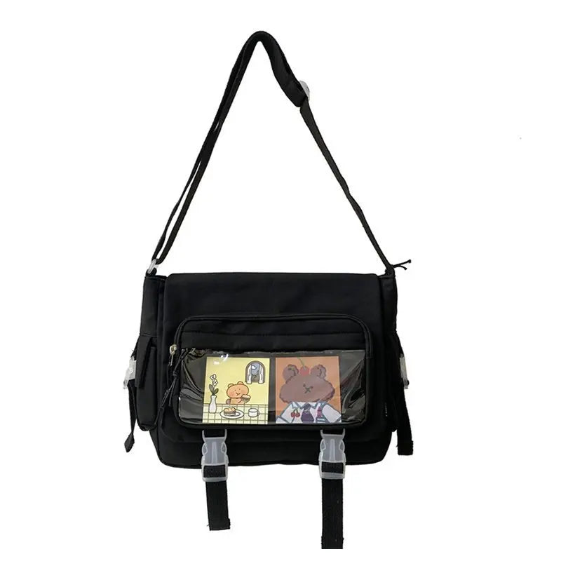 Kawaii Nylon Crossbody Bag Clear Pocket Front Shoulder Bag Student Flap Messenger Bag