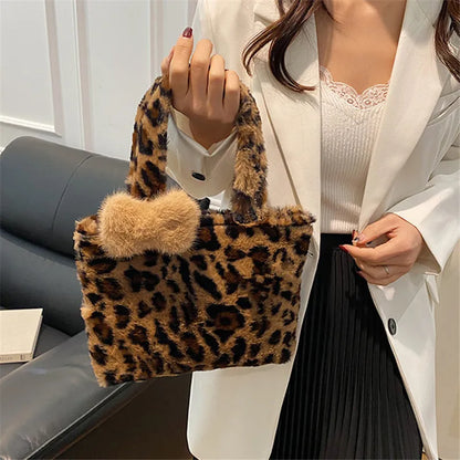 Leopard Print Fluffy Tote Bag – Y2K Faux Fur Shoulder Bag for Women
