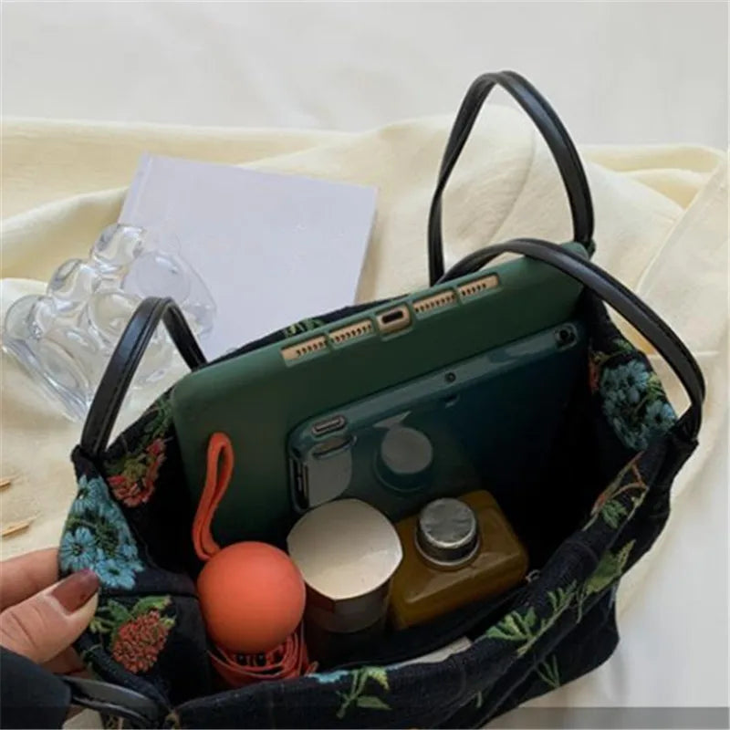 Floral Embroidered Canvas Tote Bag – Women's Bucket Shoulder Bag