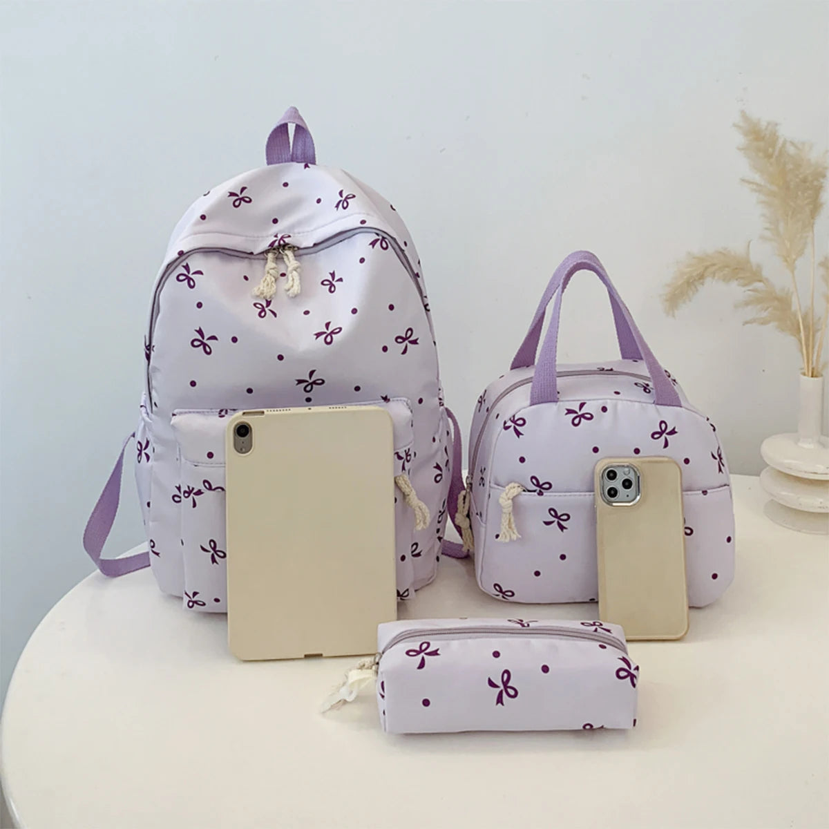 Campus Romance Trio Bow Pattern Backpack Handbag Quilted Multi-Pocket Large Capcity University Daily