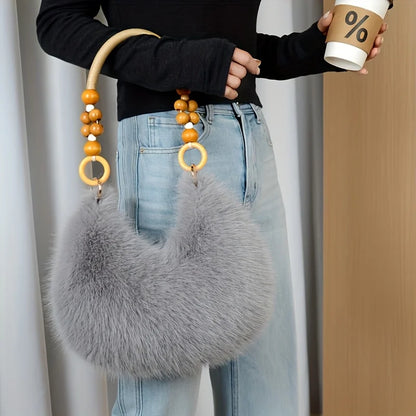 Fluffy Faux Fur Tote Bag with Wooden Bead Handle
