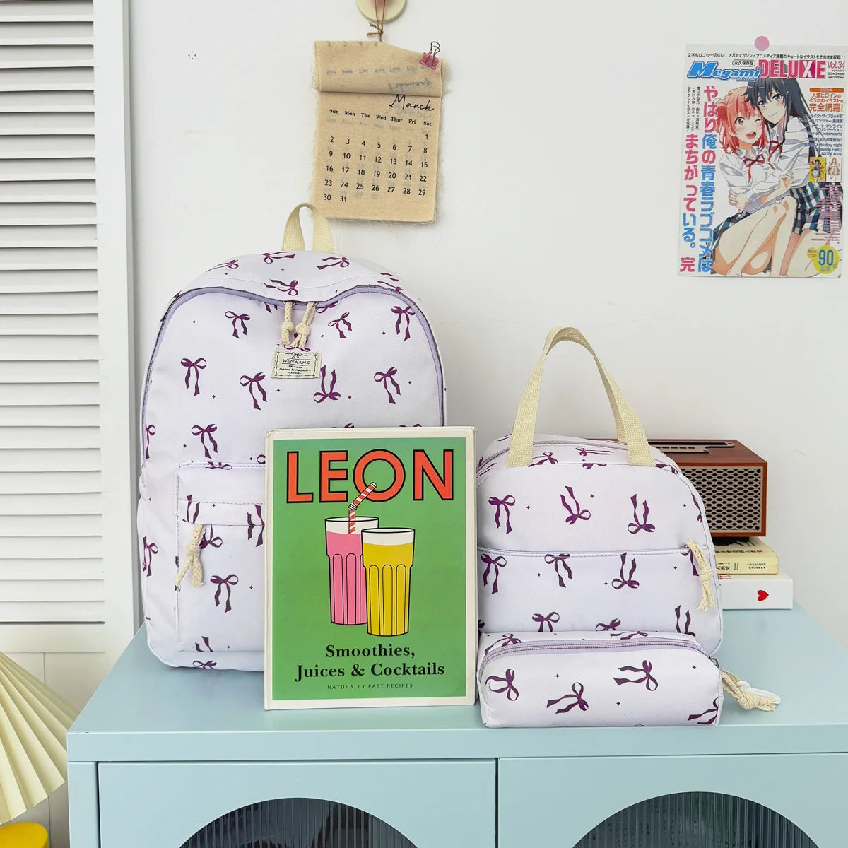 Sweet Girl Style Bow Print Three Piece Backpack Set Nylon Lightweight Large Capacity Campus