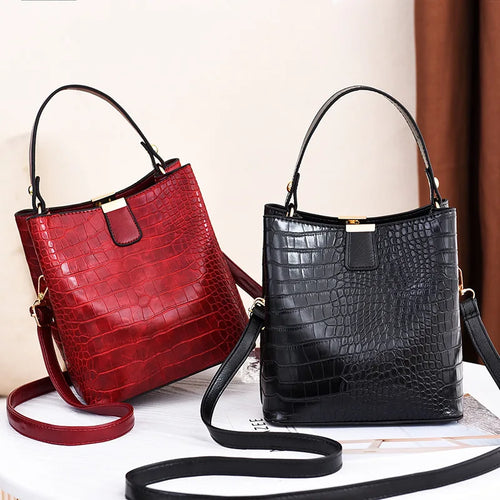 Crocodile Leather Bucket Bag – Large Capacity Shoulder & Crossbody Tote