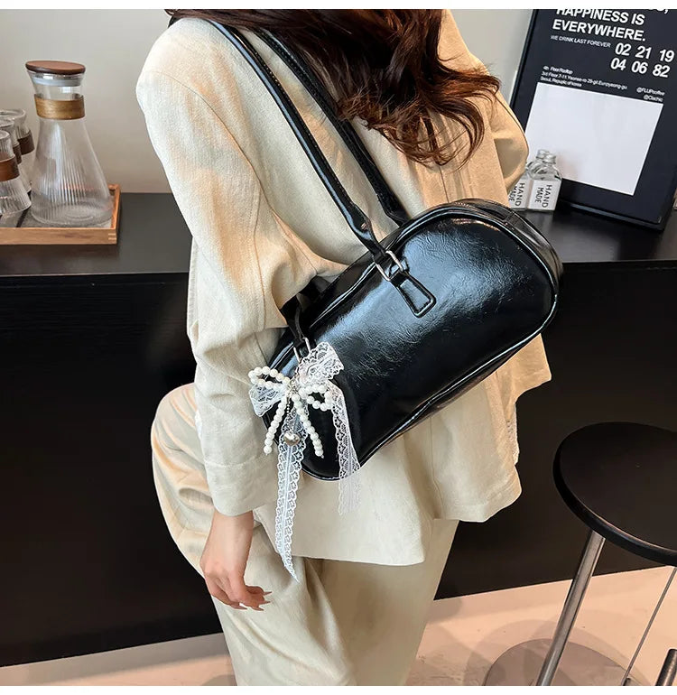 Patent Leather Shoulder Bag with Detachable Pearl Bow Lace Charm