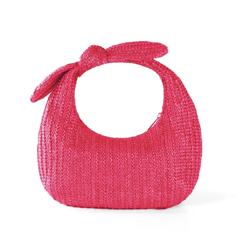 Crescent Tote Bag Cute Bow Knot Straw Woven Handbag Wrist Bag Daily Travel Holiday