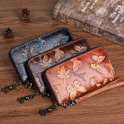 First Layer Cowhine Female Chinese Wind Pressure Flower Wipe Color Long Retro Large Capacity Mobile