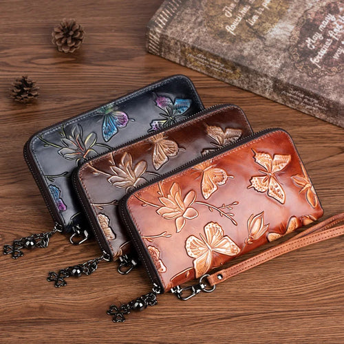 First Layer Cowhine Female Chinese Wind Pressure Flower Wipe Color Long Retro Large Capacity Mobile