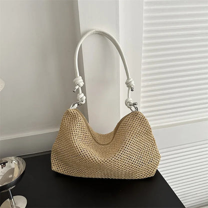 Straw Woven Shoulder Bag with Knotted Leather Handle