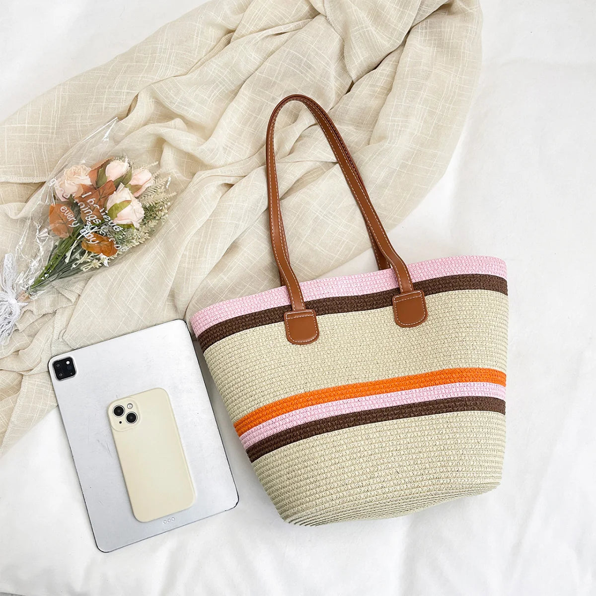 Vacation Beach Women Handbag Vibrant Color Stripe Tote Bag Woven Straw Large Capacity Shoulder