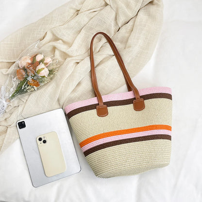 Vacation Beach Women Handbag Vibrant Color Stripe Tote Bag Woven Straw Large Capacity Shoulder