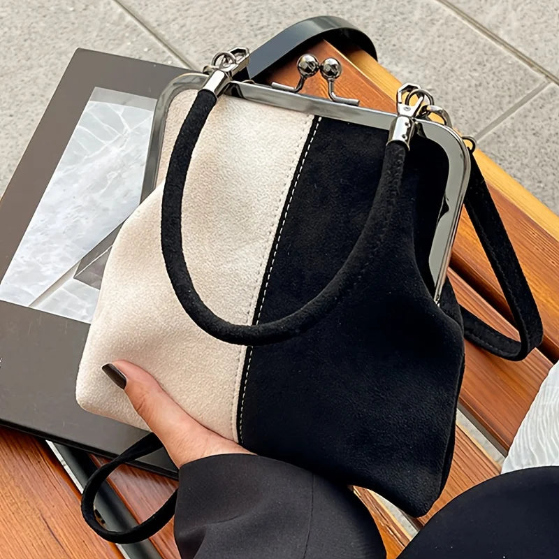 Vintage Suede Crossbody Bag with Kiss-Lock Closure