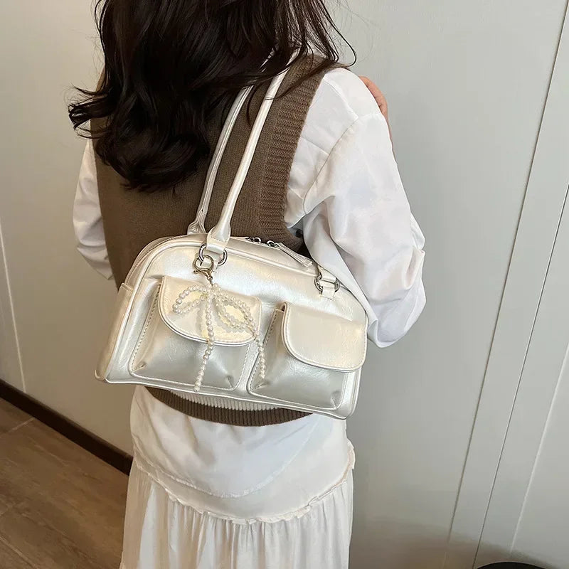 Solid Sewing Thread Glossy Pu Shoulder Bags Versatile Hand Women Bolsas Femininas