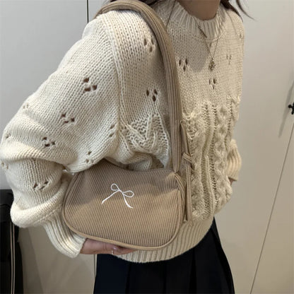Corduroy Bow Shoulder Bag with Ruched Drawstring Handle