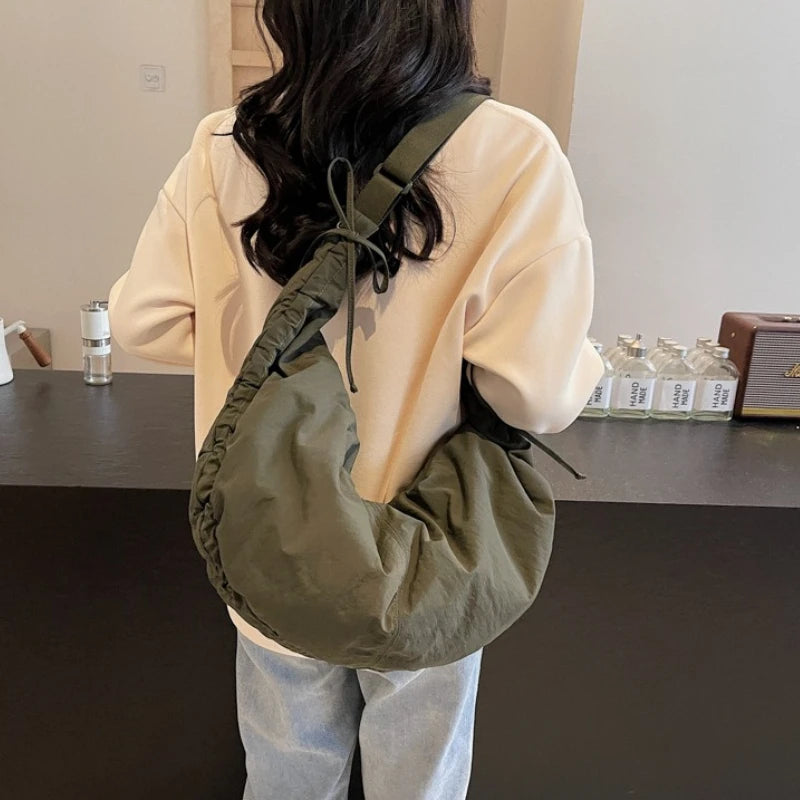 Nylon Crossbody Bag – Soft Drawstring Crescent Shoulder Bag for Women