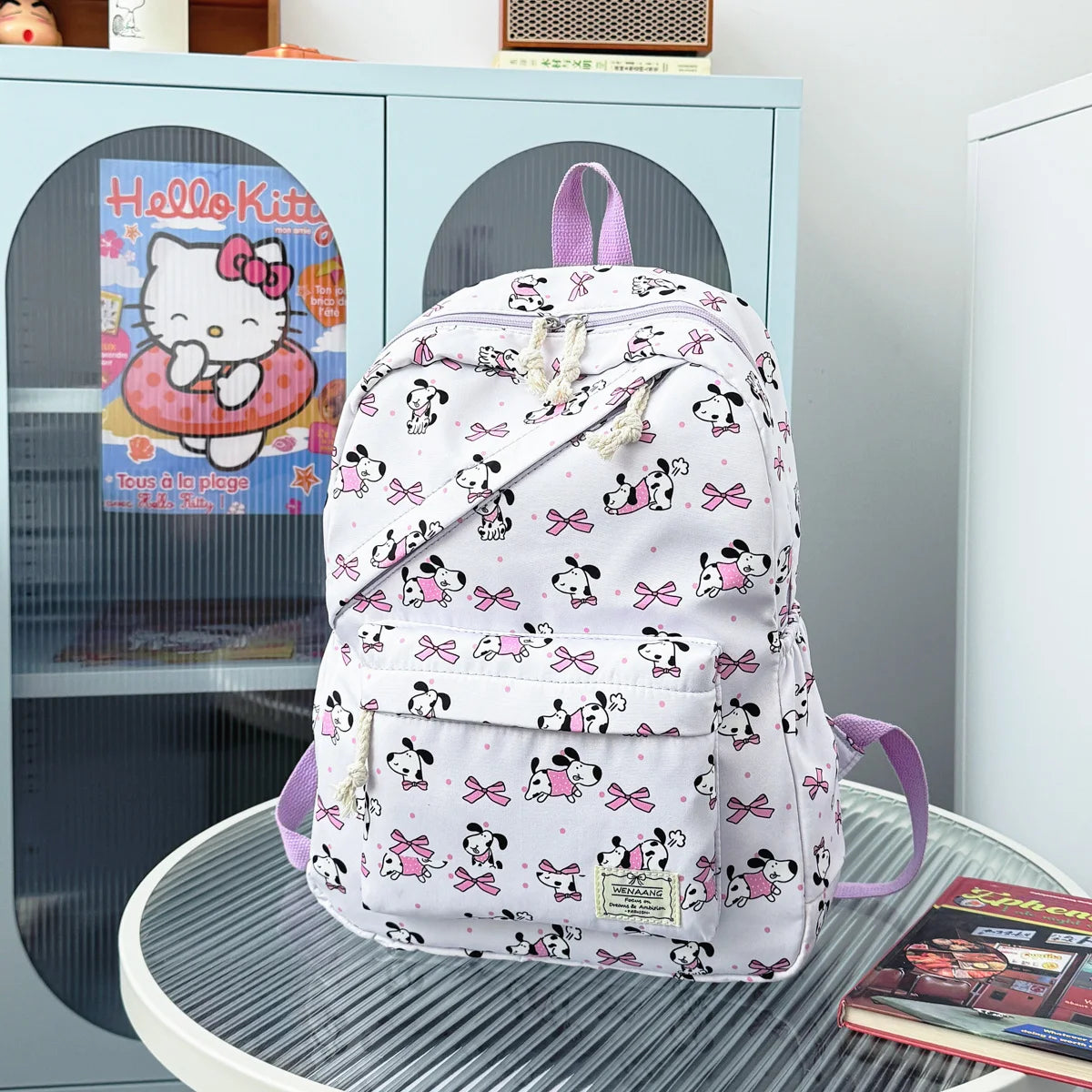 Fresh Age Reducing Cartoon Animal Bow Print Student Backpack Nylon Lightweight Large Capacity Casual
