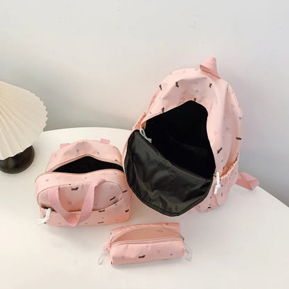 Chic Puppy Print Backpack Set 3pcs Handbag Pen Pouch Stitching Detail Multi Pocket Adjustable Straps