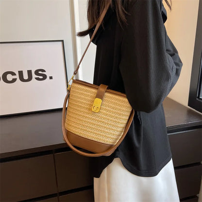 Straw Crossbody Bag – Woven Bucket Shoulder Purse with Gold Lock
