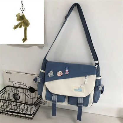 Harajuku Nylon Messenger Bag with Cute Badge Pins – Large Capacity