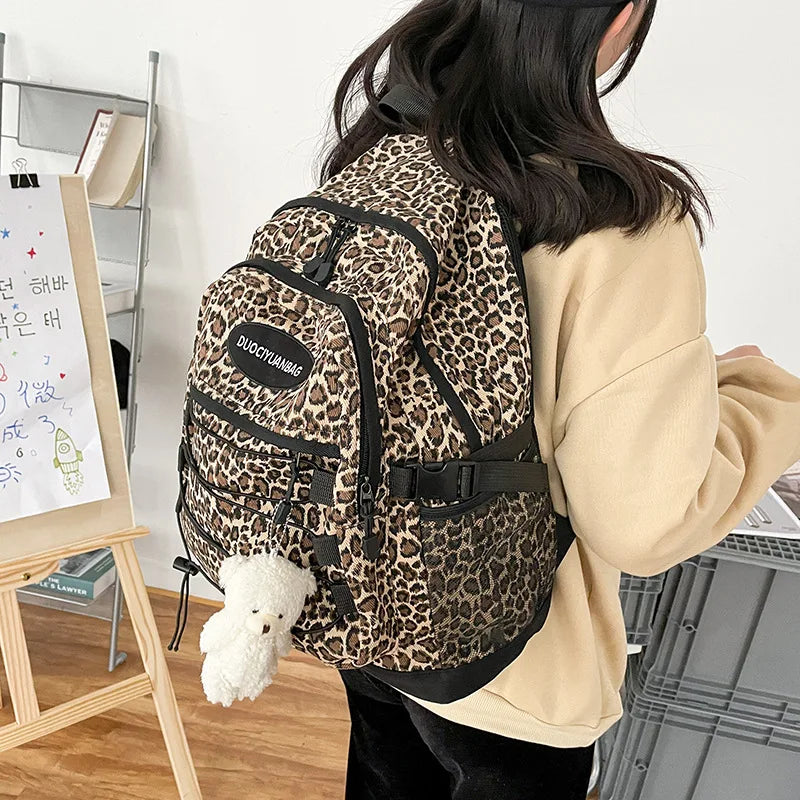 Leopard Print Backpack – Large Capacity School Bookbag with Side Mesh Pockets