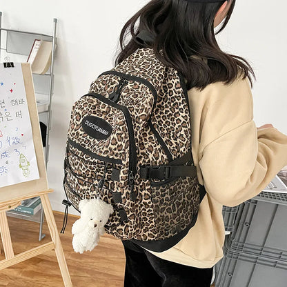 Leopard Print Backpack – Large Capacity School Bookbag with Side Mesh Pockets
