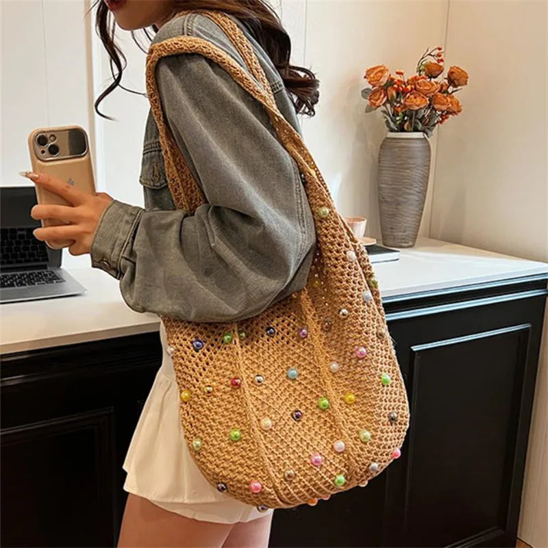 Hollow-Out Woven Tote Bag with Colorful Beads
