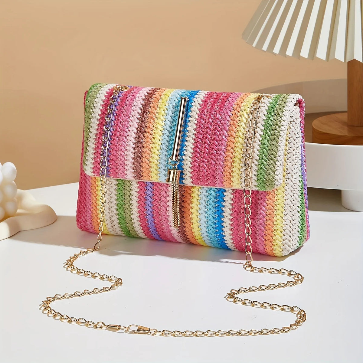 Rainbow Stripe Straw Crossbody Bag – Chain Strap & Tassel