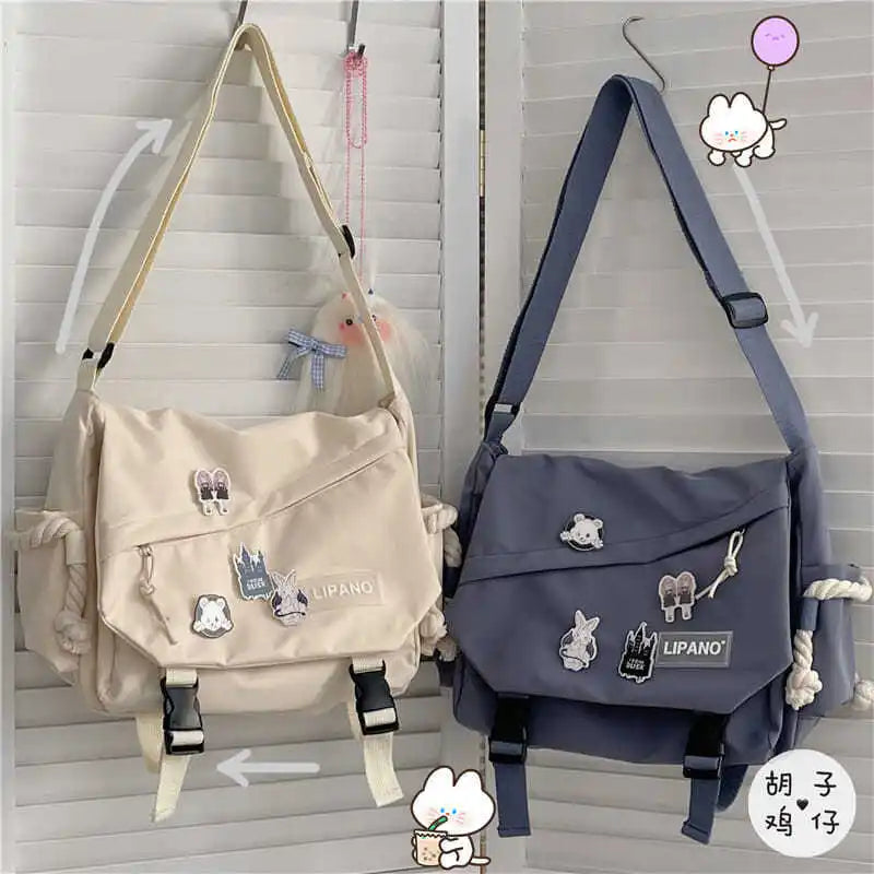 Large Nylon Crossbody Messenger Bag with Cute Pins – Harajuku Style