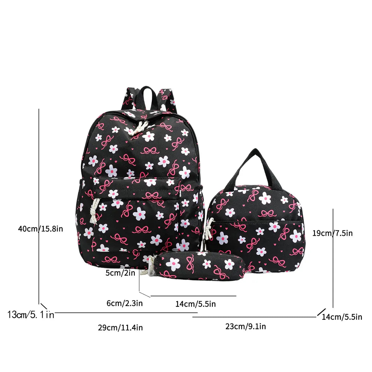 Gentle Cute Butterfly Knot Floral Three Piece Backpack Set Lightweight Large Capacity