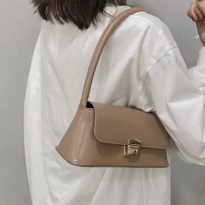 PU Leather Shoulder Bag with Gold-Tone Lock Closure