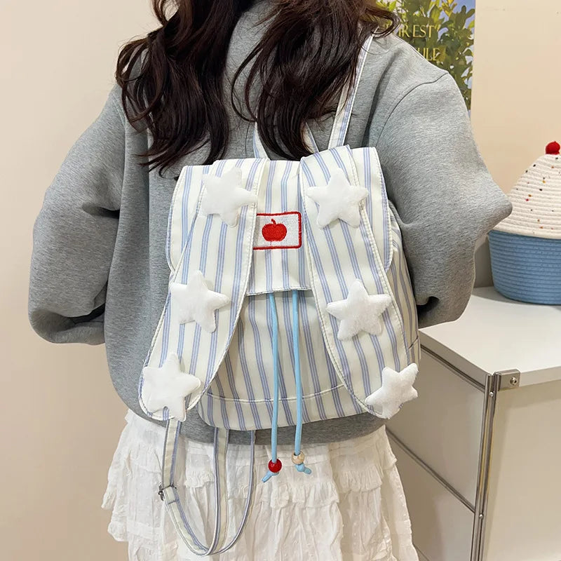 Cute Striped Drawstring Flap Large Capacity Backpack