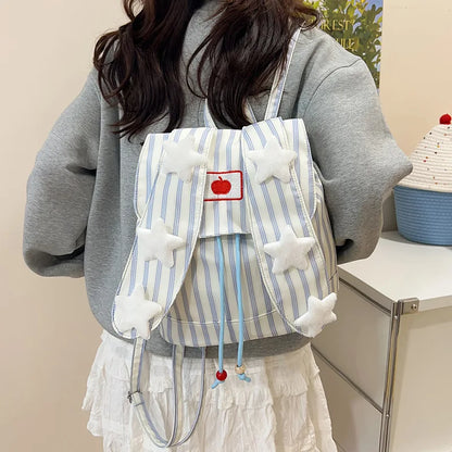 Cute Striped Drawstring Flap Large Capacity Backpack