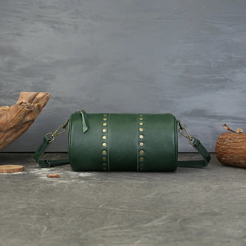 Genuine Rivet Cylinder Bag Vintage Vegetated Tanned Head Layer Cofskin One Shoulder Diagonal Span