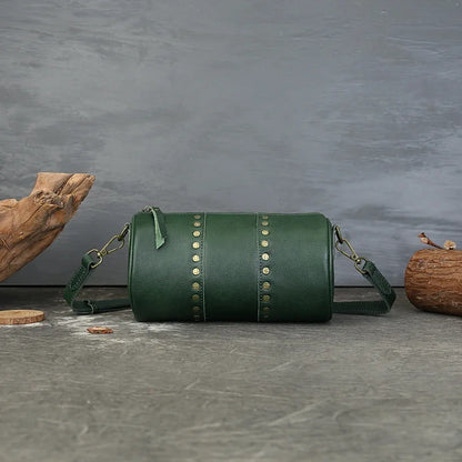 Genuine Rivet Cylinder Bag Vintage Vegetated Tanned Head Layer Cofskin One Shoulder Diagonal Span