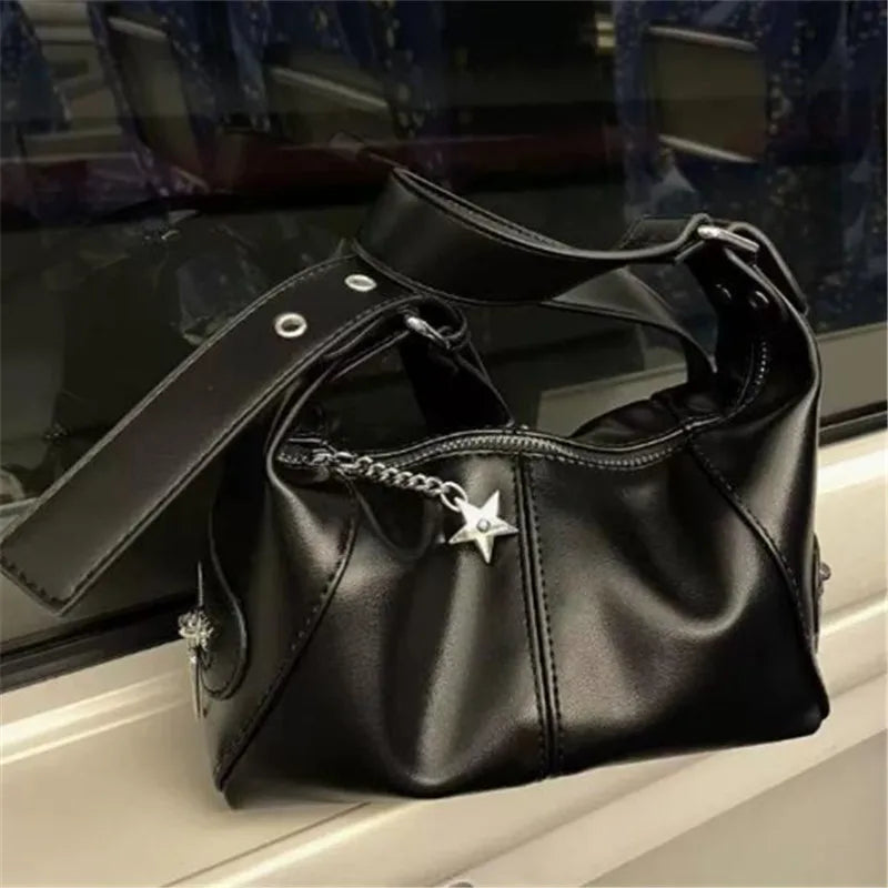 Y2K Star Charm Black Leather Hobo Shoulder Bag