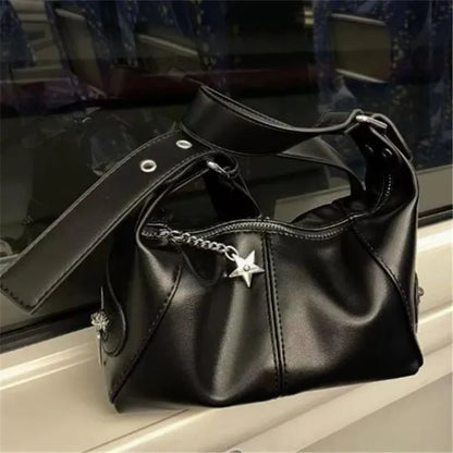 Y2K Star Charm Black Leather Hobo Shoulder Bag