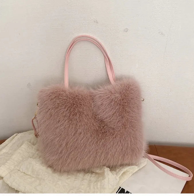 Faux Fur Handbag with Detachable Strap - Plush Tote Bag