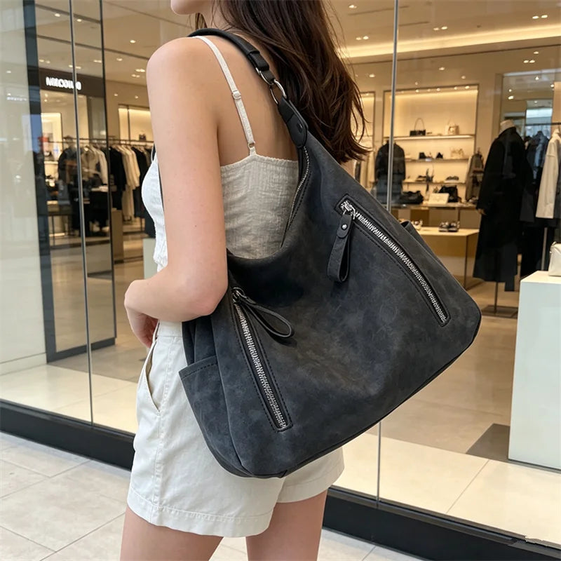 Soft Leather Hobo Bag – Multi-Zipper Shoulder & Crossbody Tote