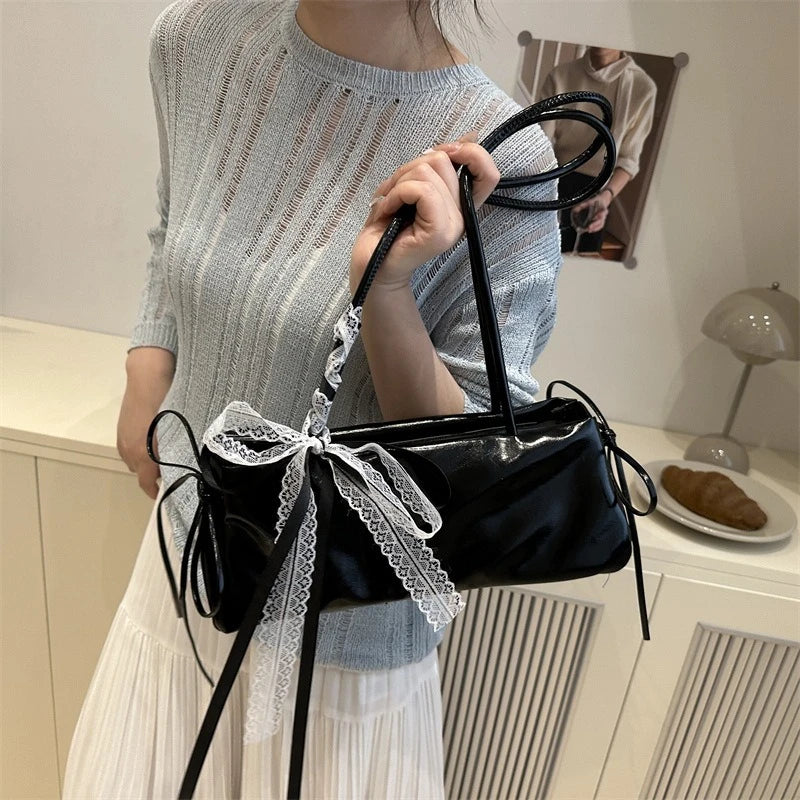 Faux Leather Shoulder Bag – Lace Ribbon Bow Tote Handbag