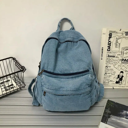 Denim Backpack – Vintage Soft Rucksack with Multiple Zipper Pockets for Girls & Students