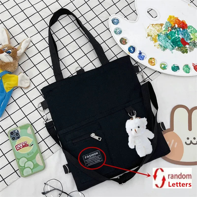 Cute Canvas Tote Bag Bear Pendant Stylish Bucket Crossbody Bag