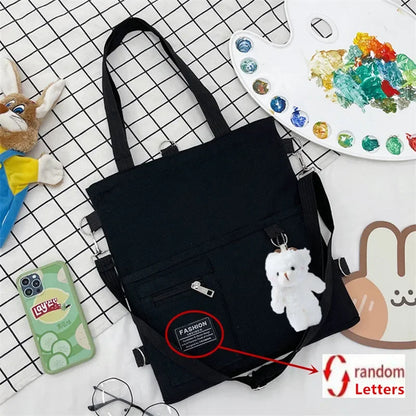 Cute Canvas Tote Bag Bear Pendant Stylish Bucket Crossbody Bag