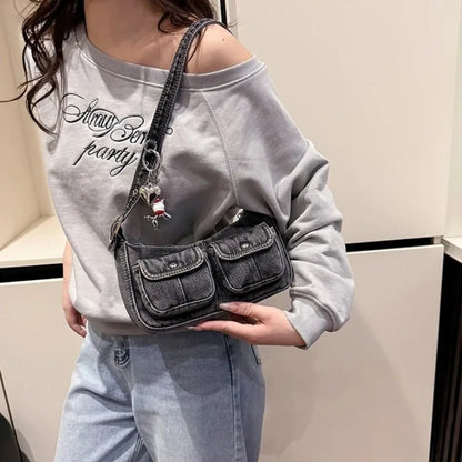 Washed Denim Shoulder Bag Y2K Style with Balloon Dog Charm